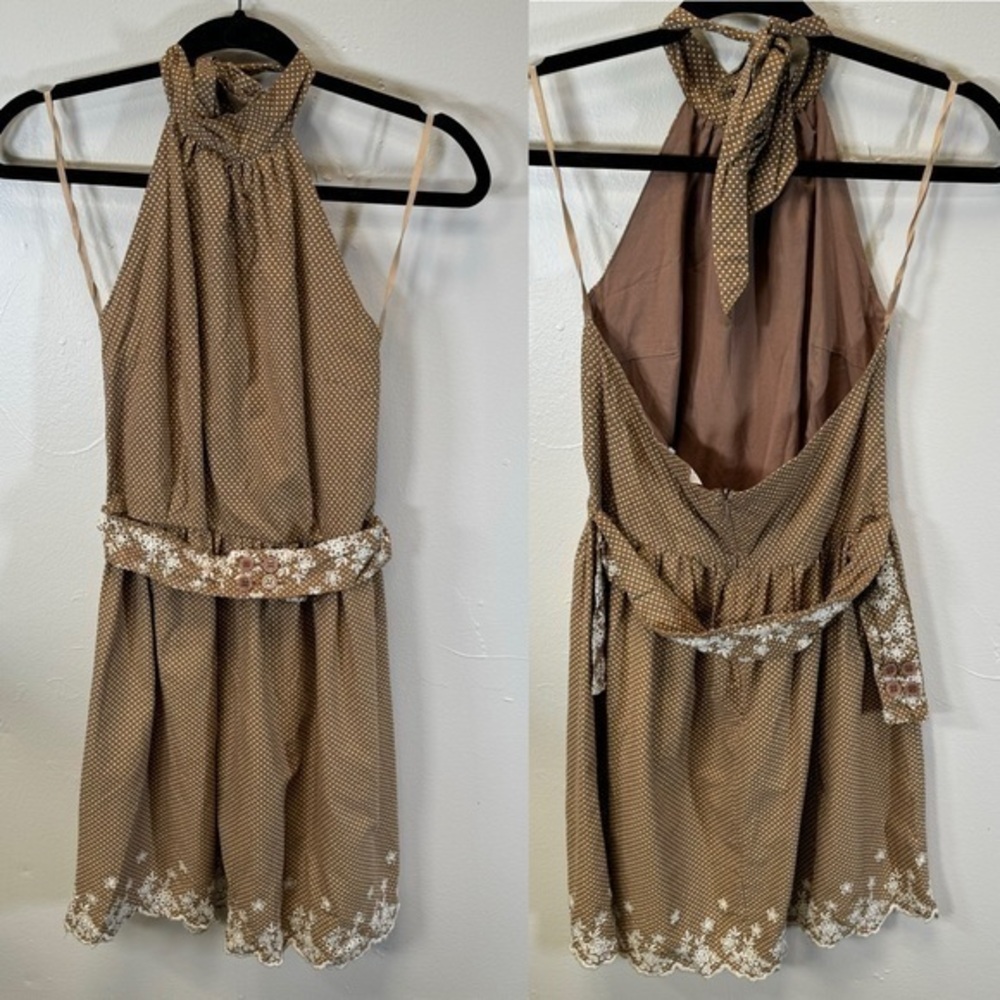 Vintage retro polkadot halter dress eyelet lace trim belt brown cream small